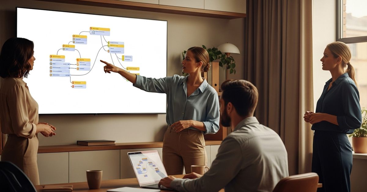 SEO specialist pointing at an abstract site-structure node graph on a wall display while a teammate works on a laptop, illustrating how to create XML sitemaps