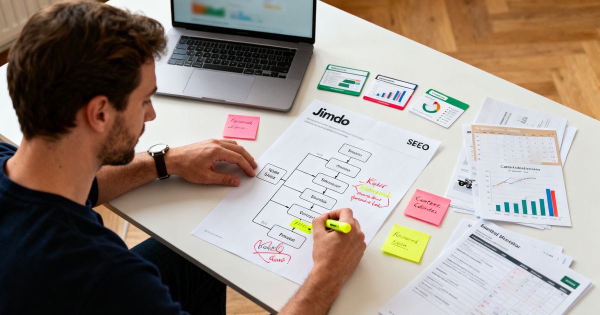 Founder planning Jimdo SEO site structure in a home office, reviewing printed diagrams and keyword notes