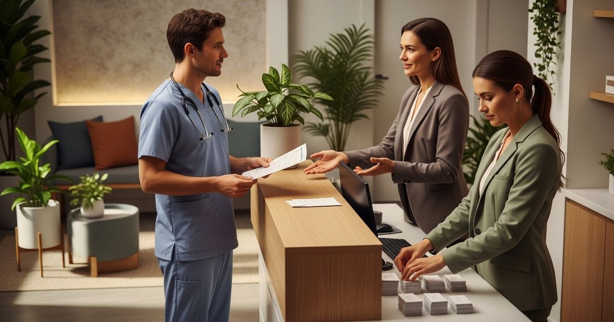 Clinic manager and veterinarian reviewing schedules at a veterinary clinic reception, discussing patient acquisition and digital strategy
