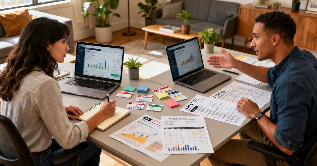 Two marketers comparing MarketMuse vs Ubersuggest in a home office in Austin, Texas