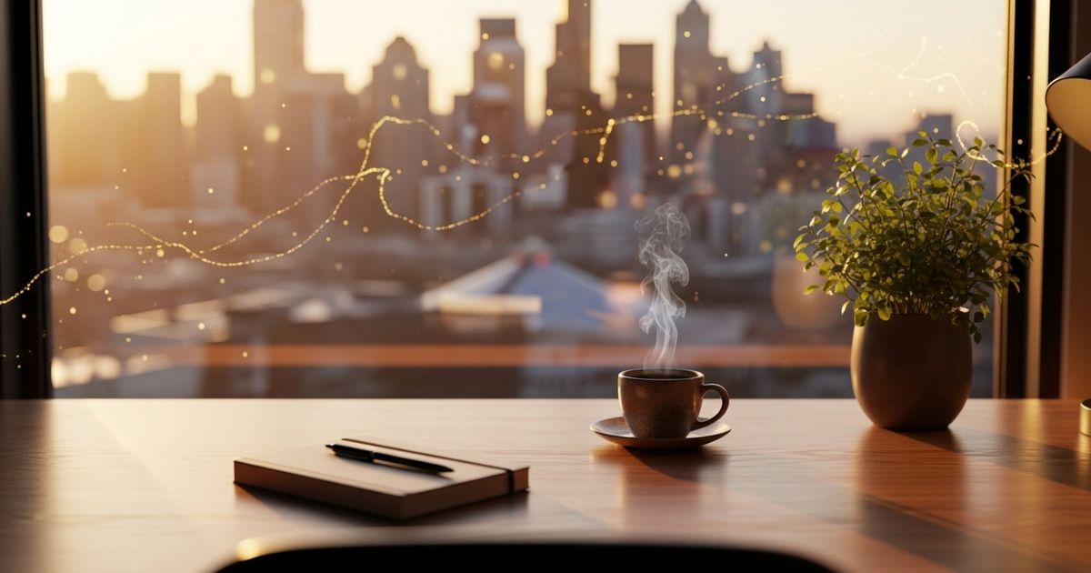 Editorial-style hyper-realistic workspace with Seattle skyline at golden hour, suggesting local SEO and data-driven marketing