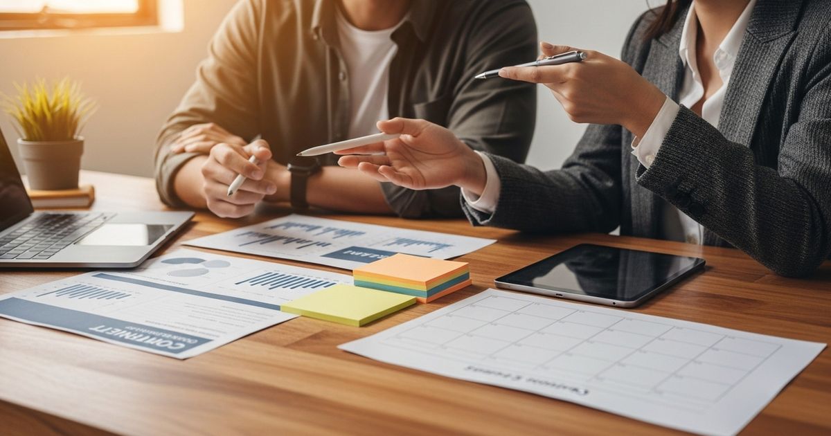 Two marketers discussing content planning at a warm, modern desk with blurred device screens and paper briefs—conveying collaboration around SEO content strategy.