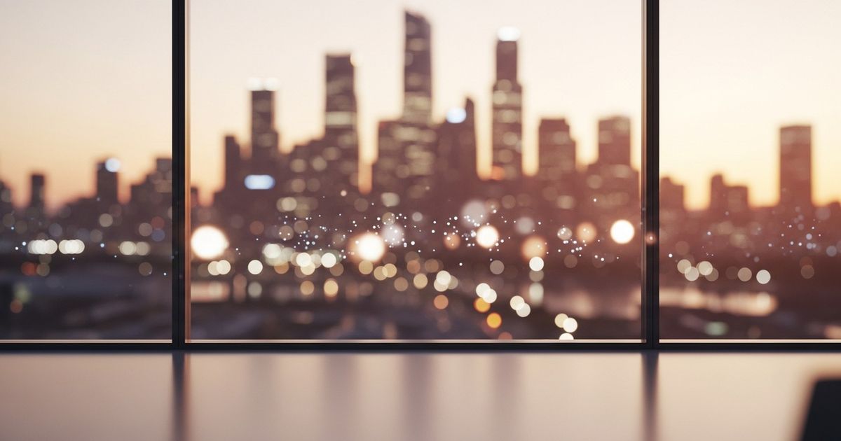 Warm, hyper-realistic image of a cityscape through a modern office window, evoking digital growth and local business momentum