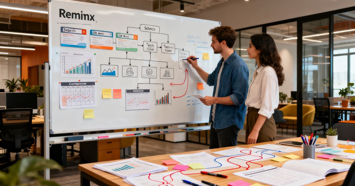 Developer mapping Remix SEO topic clusters on a whiteboard