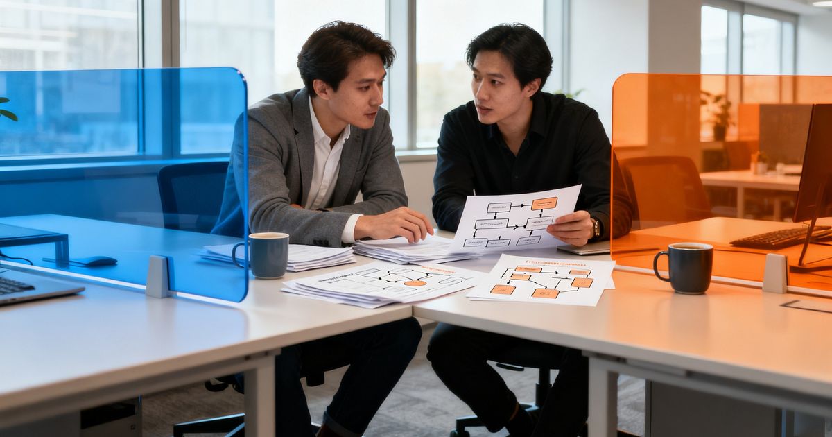 Two marketers comparing AI content workflows at adjacent desks, representing jasper vs scalenut