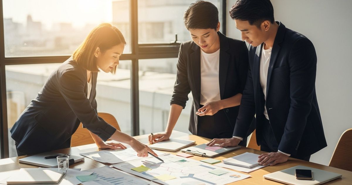 Founders discussing a printed roadmap and charts around a table, planning whether to pause SEO.