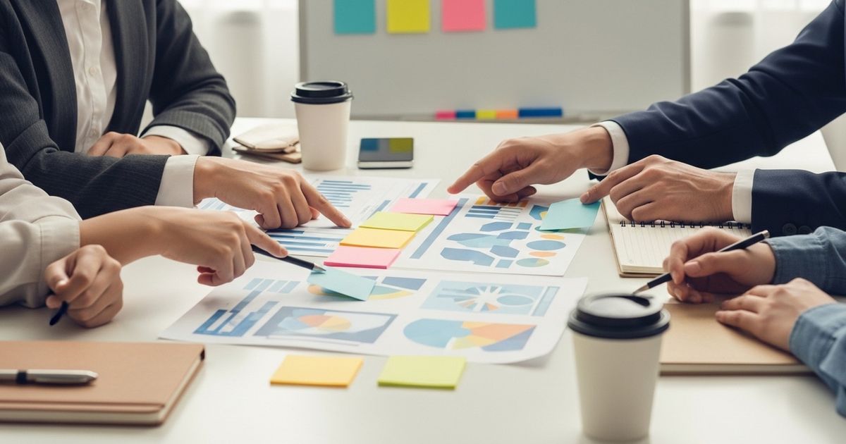 Marketing team collaborating around a table with color-coded cards and abstract charts while planning a done-for-you SEO campaign
