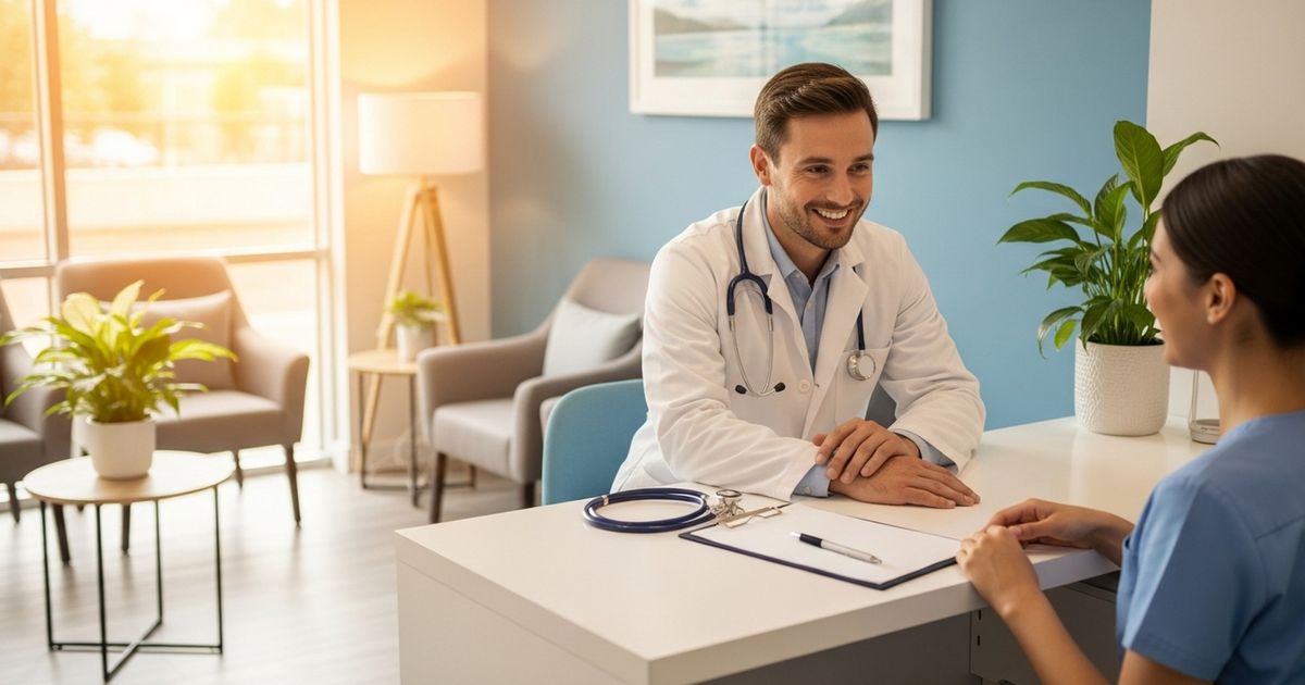 Doctor and receptionist discussing appointments in a modern clinic reception area, warm and professional setting