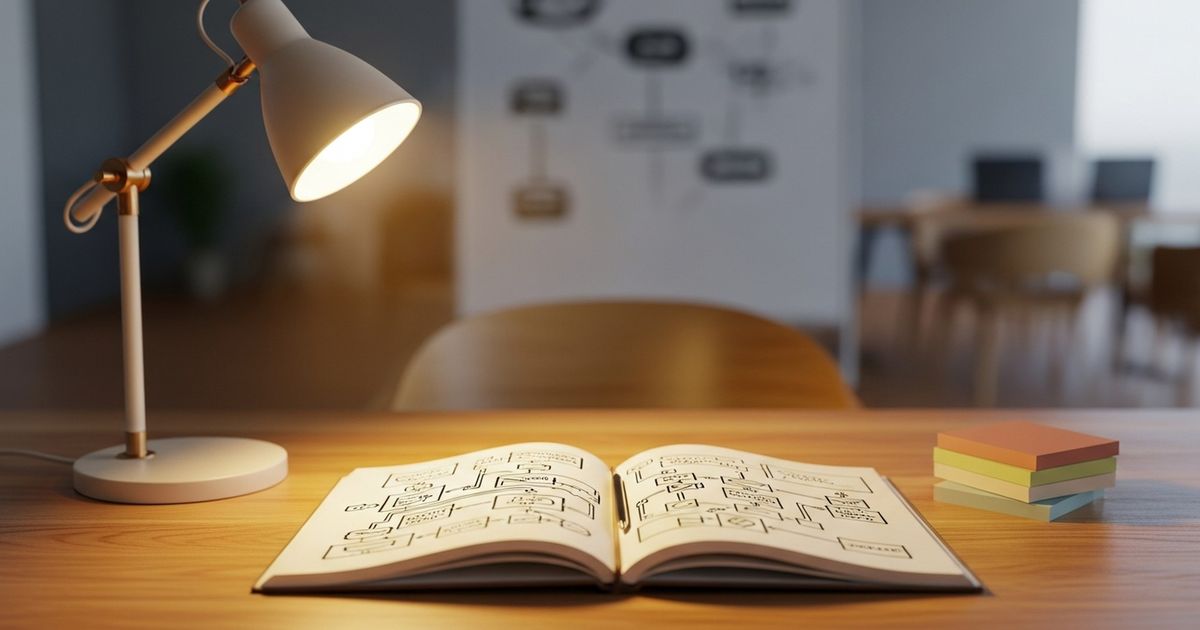 Warm editorial scene of a startup planning workspace with notebook, flow cards, and lamp — evokes strategic planning for software startups.