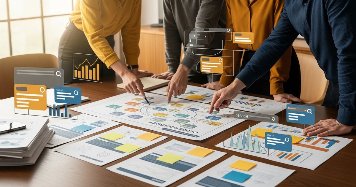 Marketing team reviewing printed briefs and topic clusters while comparing longshot ai alternatives