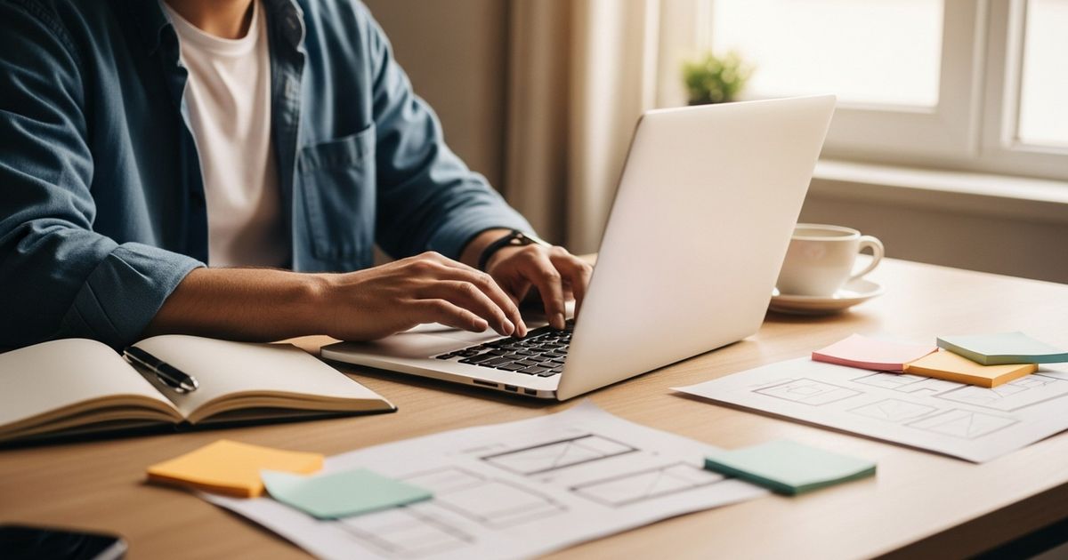 Founder working on a Strikingly website layout at a laptop in a warm home office for strikingly seo