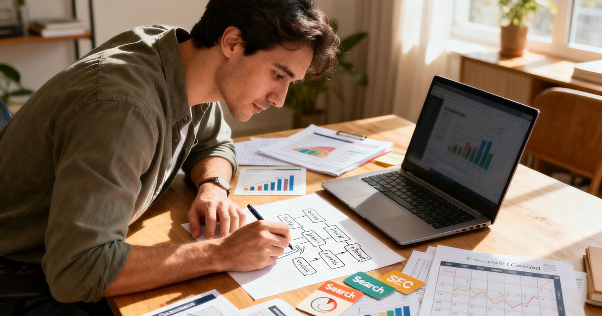 Online course creator planning Teachable SEO in a sunny home office