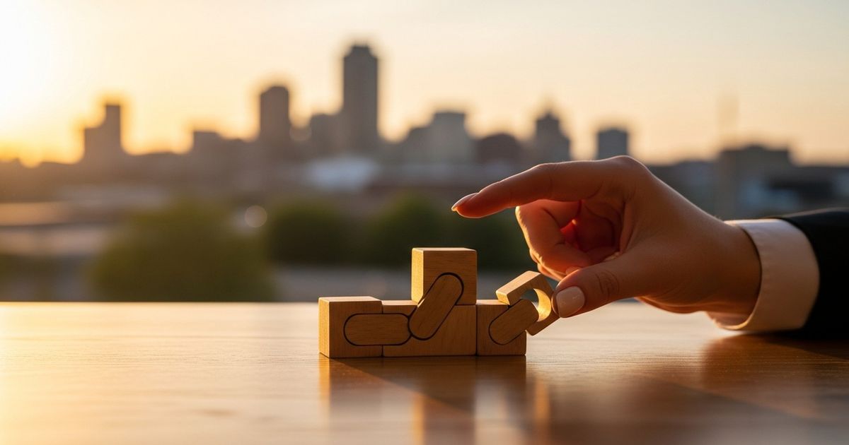 Warm golden-hour Tulsa skyline in soft focus with a foreground of interconnected wooden blocks on a desk representing linked content and SEO strategy