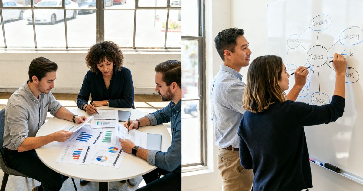 Two marketing teams comparing SEO workflows with printed reports and topic cluster sketches — moz vs neuronwriter