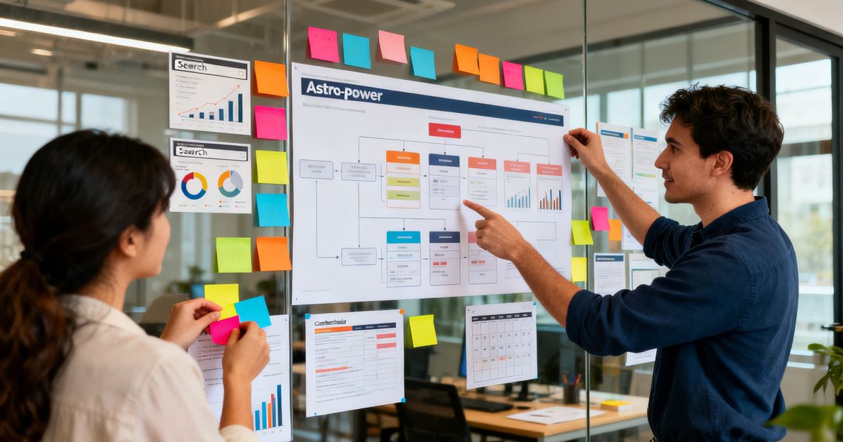 Content manager and developer mapping an Astro SEO content cluster on a glass wall with sticky notes