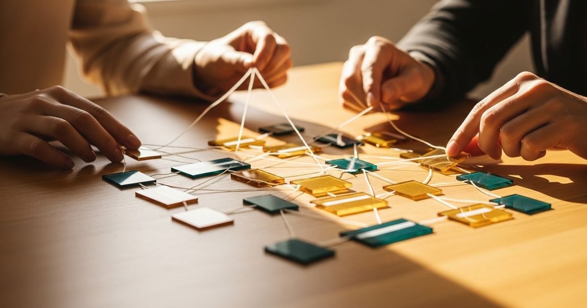 Hands arranging colored translucent tiles on a table to form a network map, evoking topic clusters and internal linking for local SEO strategy.
