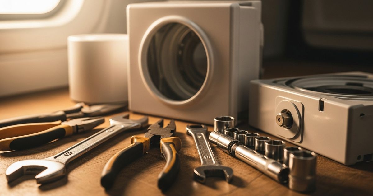 Hyper-realistic close-up of appliance repair tools on a warm-lit workbench, evoking professional local service.