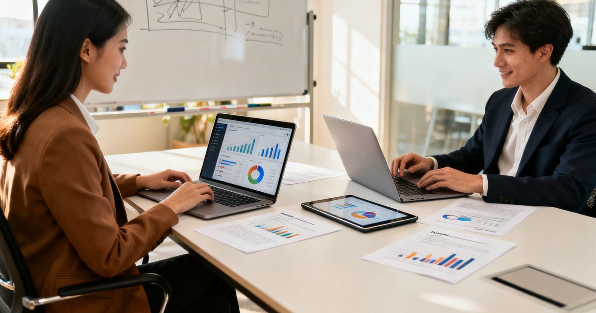 Two marketers comparing content optimization tools on laptops during a product evaluation — clearscope vs marketmuse
