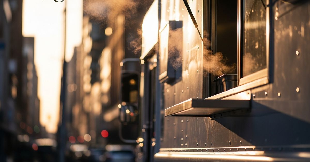 Hyper-realistic editorial image of a food truck at golden hour with warm city bokeh and subtle steam, conveying mobile food business and local discovery.