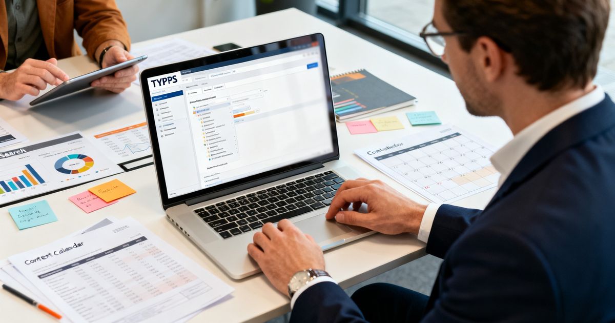 Content manager adjusting TYPO3 SEO settings in a modern Berlin startup office