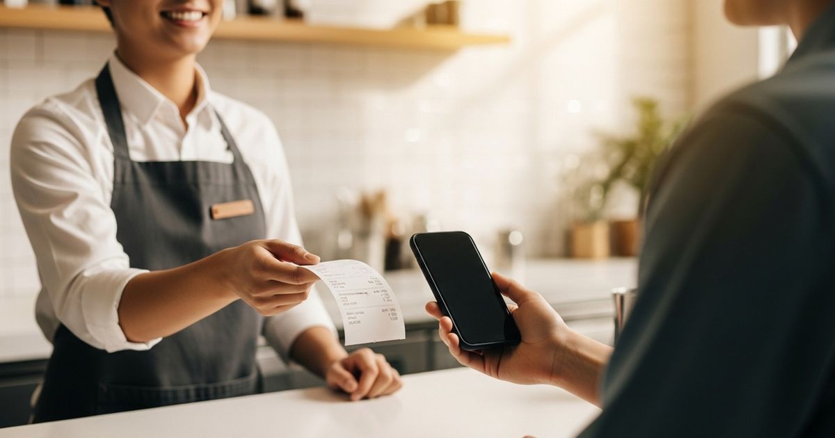 Small business owner handing a receipt to a customer holding a phone; warm, friendly interaction suggesting a review request.