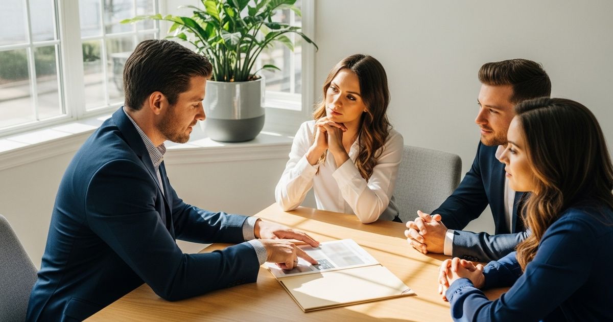 Mortgage broker meeting with clients in a modern office, reviewing documents in a warm, professional setting