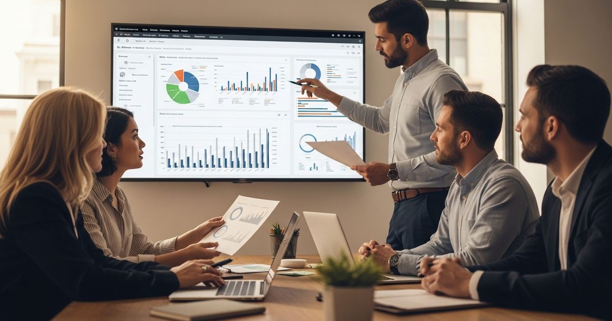 Startup marketing team reviewing SEO analytics dashboard to track SEO performance