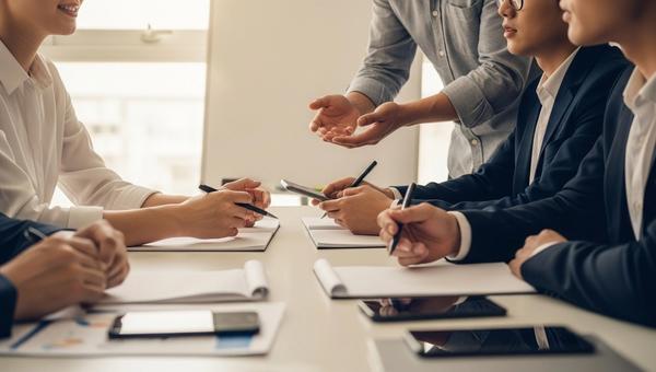 Small marketing team collaborating in a modern office around a table, planning SEO work with blank notepads and a clean whiteboard.
