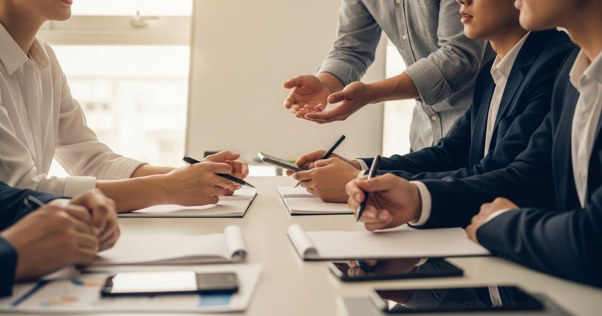 Small marketing team collaborating in a modern office around a table, planning SEO work with blank notepads and a clean whiteboard.