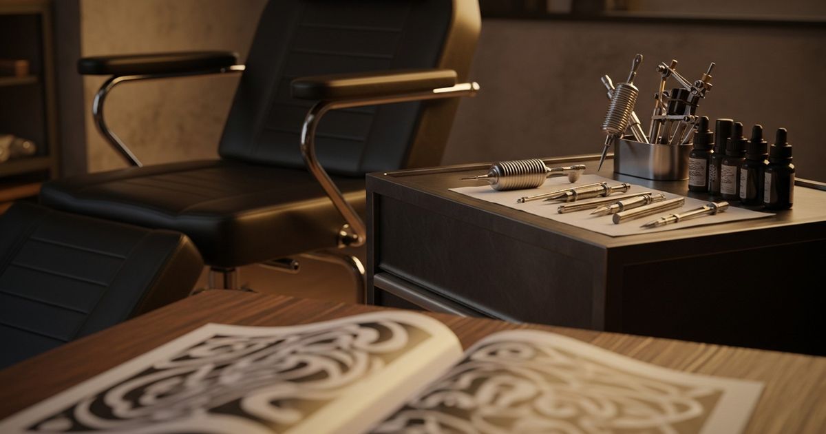 Warm, hyper-realistic editorial view of a clean tattoo studio workstation with tools and an open portfolio, evoking professional tattoo services.