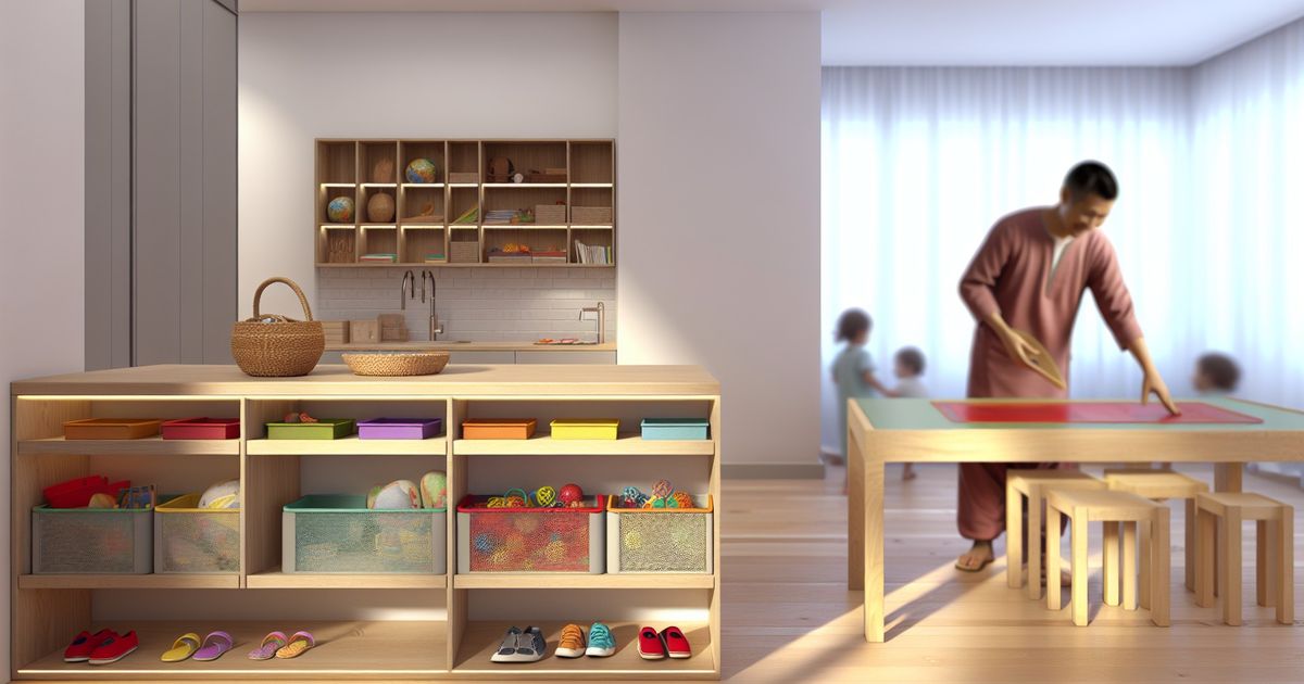 Warm, modern daycare reception area with toys and activity table in soft morning light