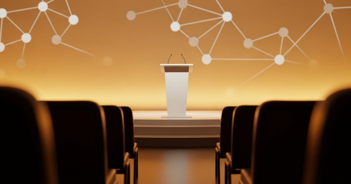 Empty modern conference stage with warm lighting and an abstract connected-nodes backdrop, suggesting networking and ideas.