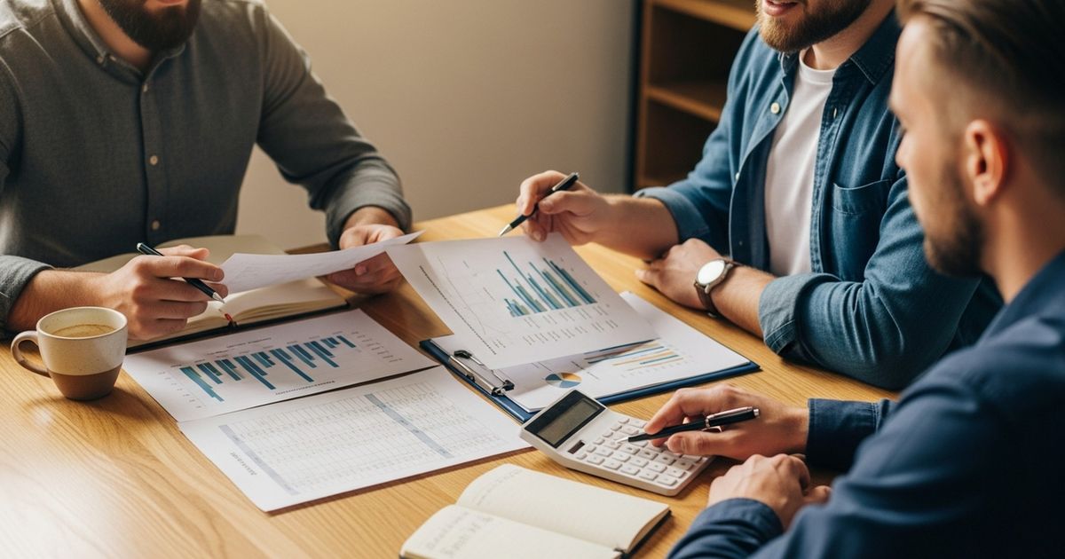 Two marketers reviewing printed SEO pricing charts and spreadsheets at a tidy table, with a calculator and coffee, in a warm modern office.