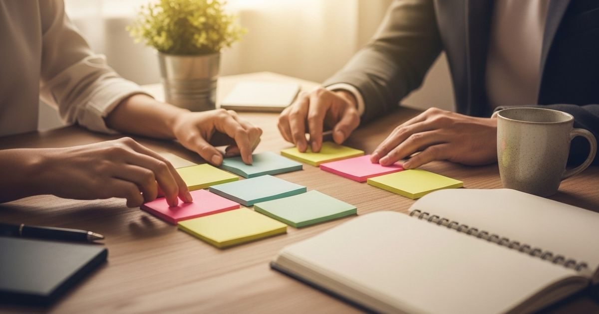 Content strategists arranging blank index cards and sticky notes during a planning session, illustrating AI-assisted content workflows.