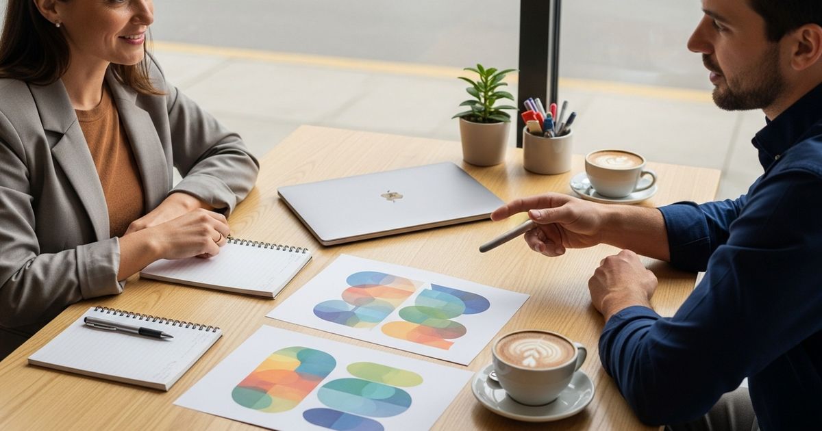 Small business owner and marketer discussing local search strategy at a café table with abstract charts and warm lighting