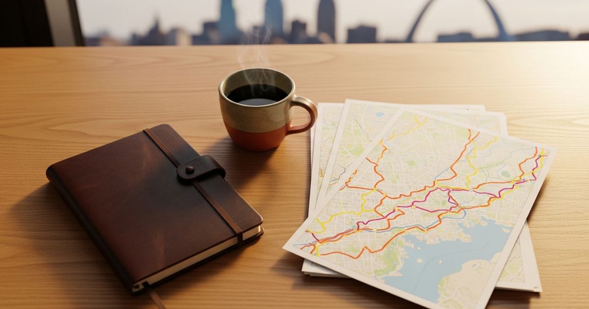 Warm, hyper-realistic editorial image of a modern workspace with maps and a coffee cup suggesting local strategy and planning for Kansas City SEO agencies.