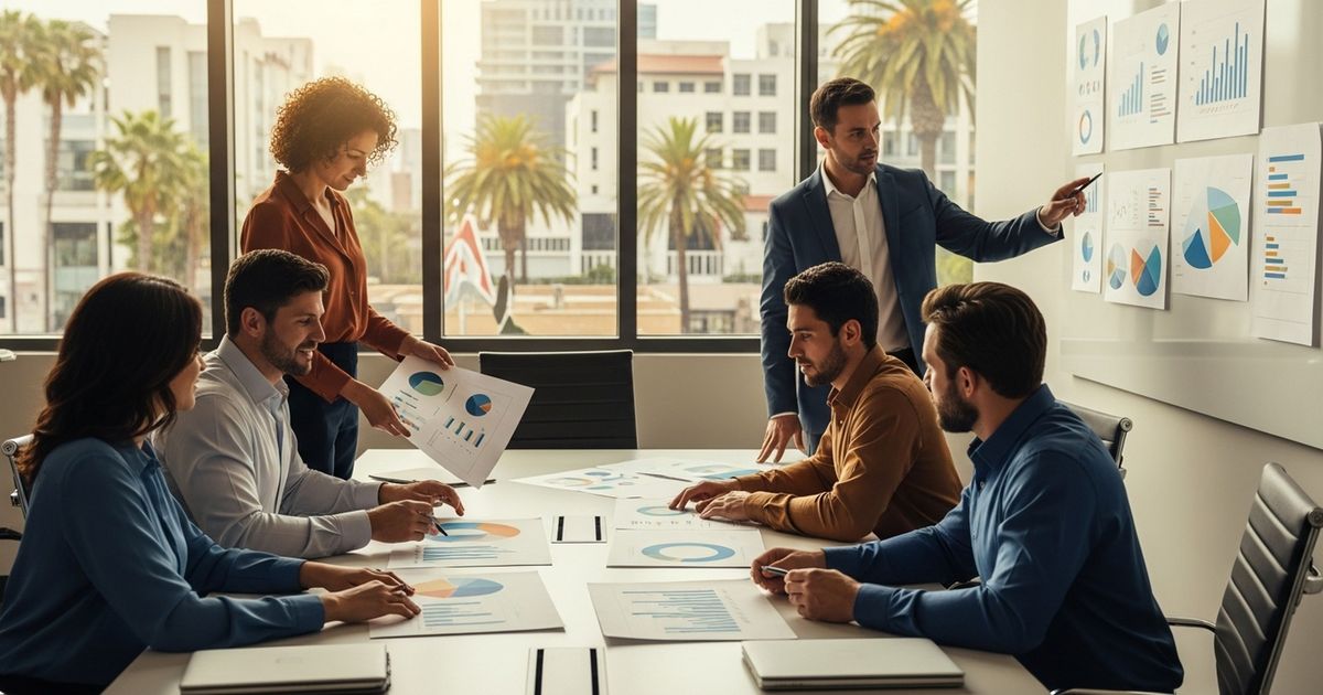 Marketing team collaborating on SEO strategy in an Anaheim office — SEO agencies in Anaheim meeting to plan local search campaigns