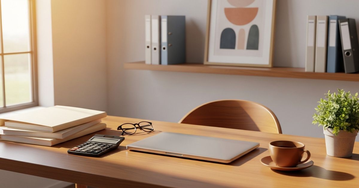 Hyper-realistic CPA workspace with closed laptop, calculator, client folders, and warm lighting conveying professional accounting services.