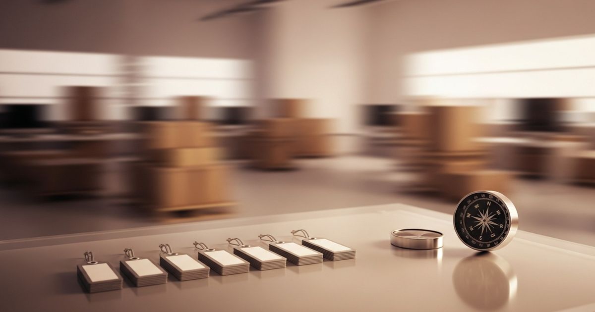 Hyper-realistic editorial image evoking logistics operations: a warm-toned, modern operations hub with blurred crates and a focused desk object symbolizing navigation and planning.