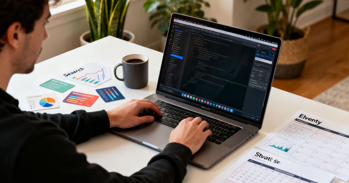 Developer configuring an Eleventy static site on a laptop in a modern home office for eleventy seo