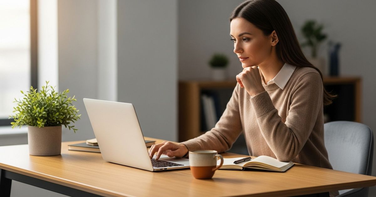 Content manager typing meta descriptions on a laptop at a modern desk