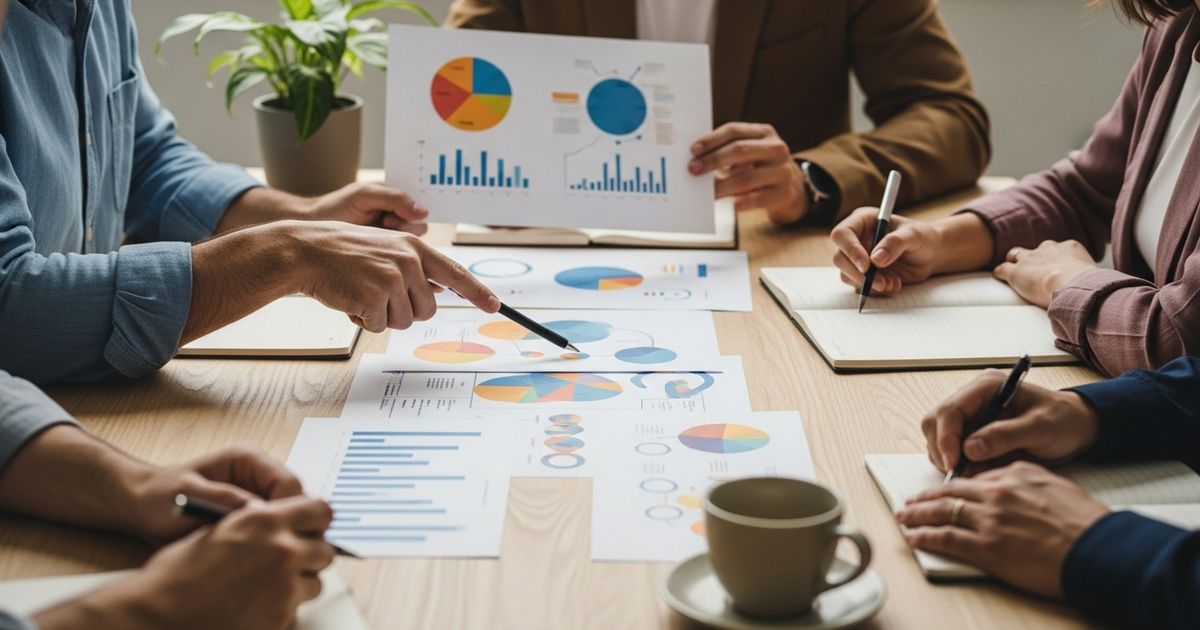 Small marketing team reviewing printed charts and strategy notes in a modern meeting room — representing outsourced SEO collaboration and decision-making.
