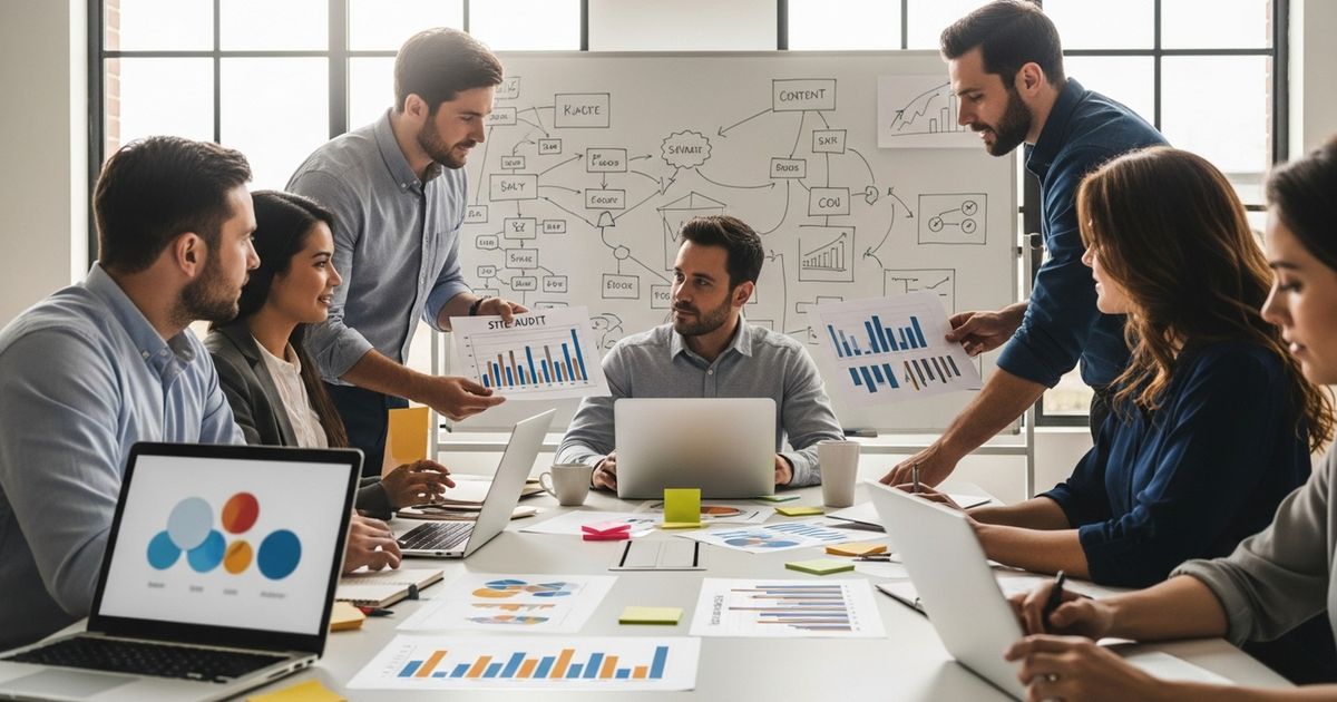 Marketing team collaborating around a conference table in a Newport News office evaluating SEO strategy — top SEO agencies in Newport News