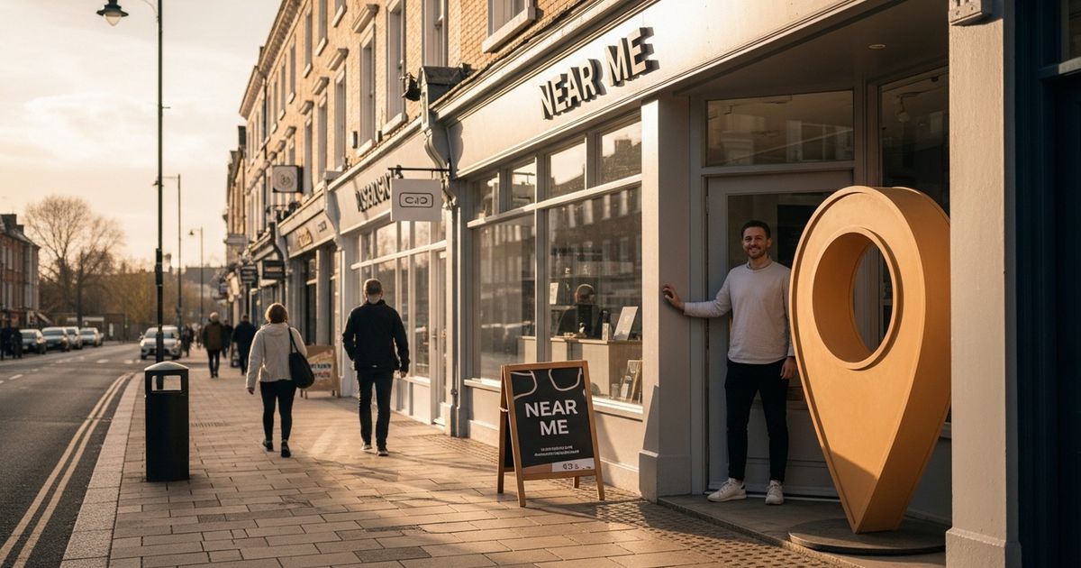 Small local business storefront on a busy high street at golden hour with a tasteful map-pin sculpture representing local search