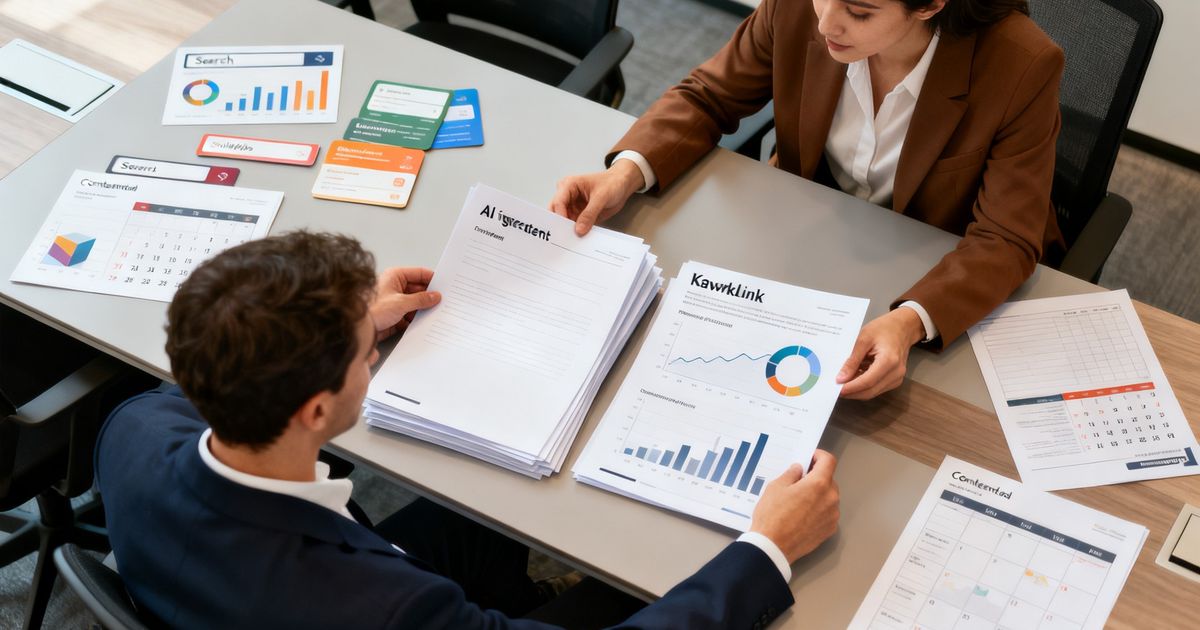 Two marketers comparing printed AI content drafts and SEO keyword/backlink charts for a Jasper vs Ahrefs decision