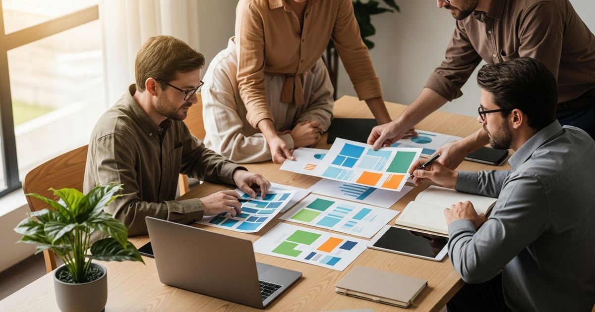 Team reviewing printed mockups and abstract charts in a modern meeting room, illustrating collaborative programmatic SEO planning.