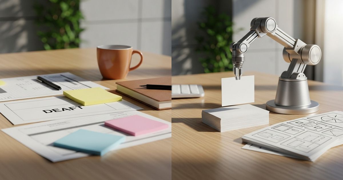 Split workspace showing a cluttered manual content desk on the left and a tidy automated workstation with a small robotic arm on the right, illustrating manual vs automated publishing workflows.