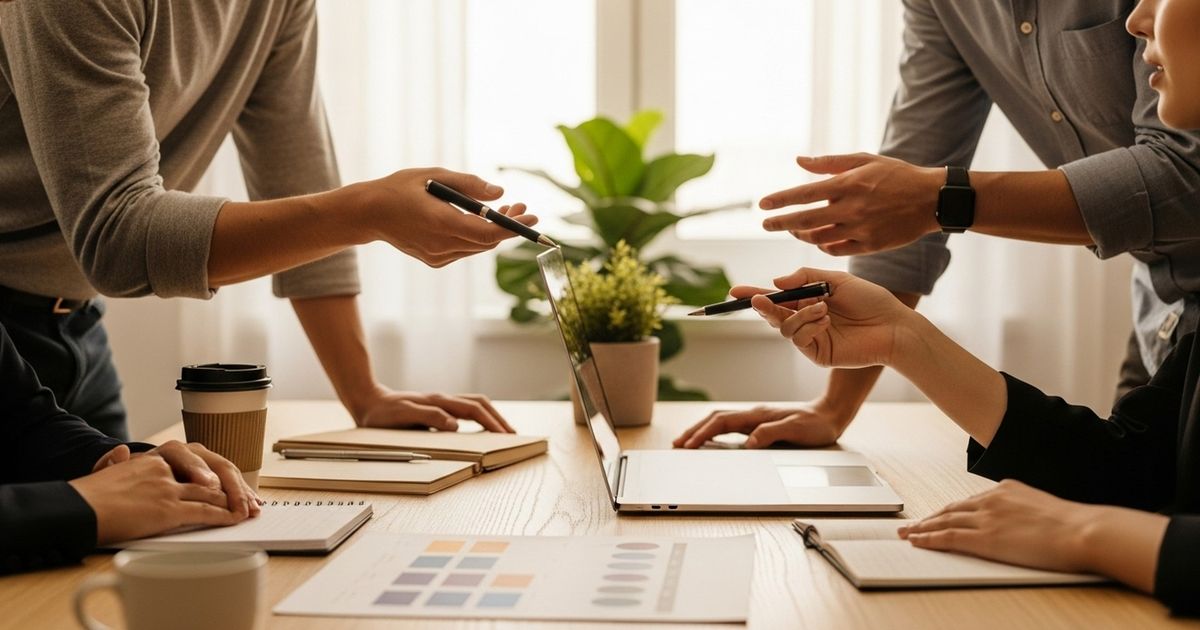 Small marketing team collaborating in a warm, modern workspace—discussing workflow around a table with a closed laptop, notebook, and coffee.