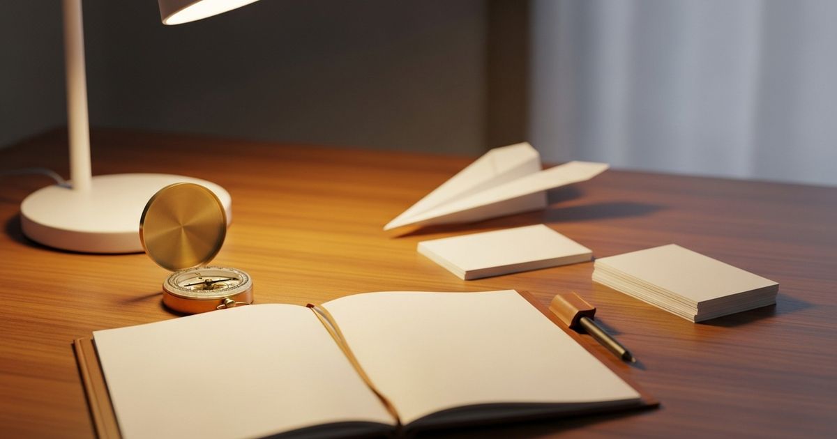Warm, hyper-realistic editorial scene of a travel planning desk with a brass compass, blank leather notebook, and paper airplane model, suggesting travel strategy and planning.