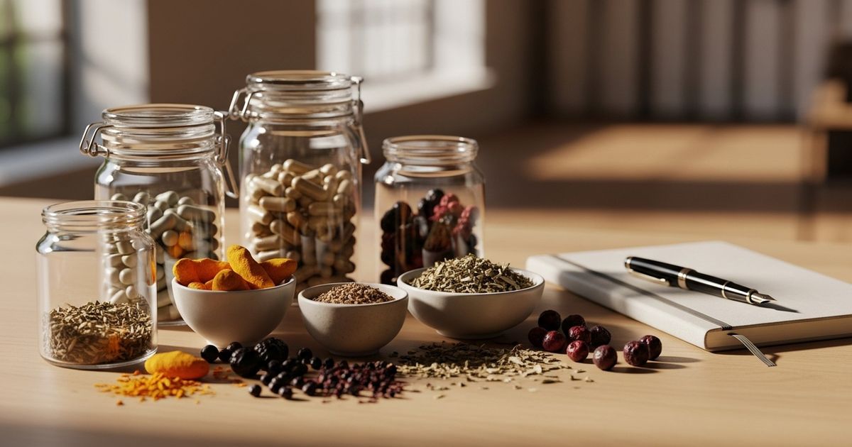 Artful arrangement of unlabelled supplement capsules and botanical ingredients on a warm tabletop, editorial style